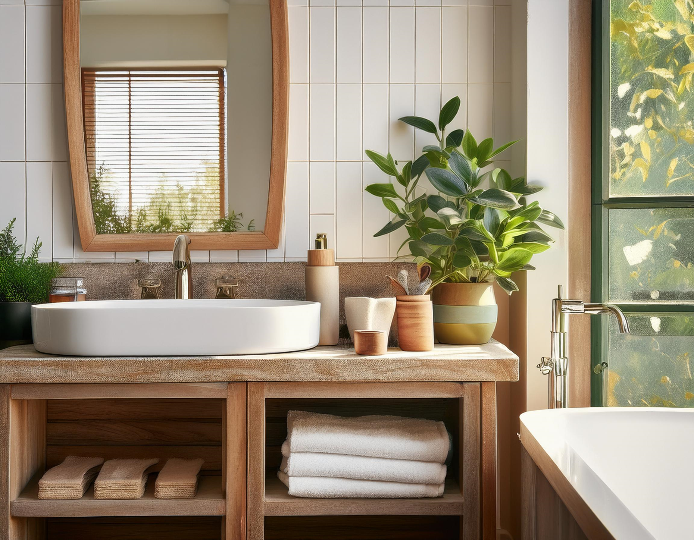 firefly a bathroom featuring repurposed materials like a refurbished vanity and recycled tiles for