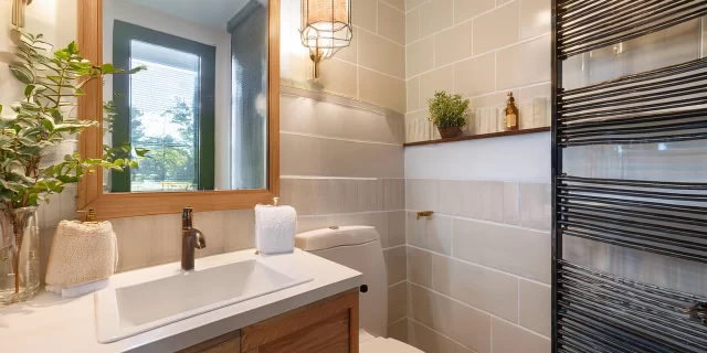 Firefly A small condo bathroom transformed from outdated to modern, showcasing luxurious fixtures an